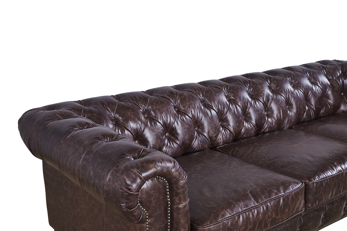 100% Full Vintage Soft Leather Sofa Solid Wood Frame With Deep Leather Buttons