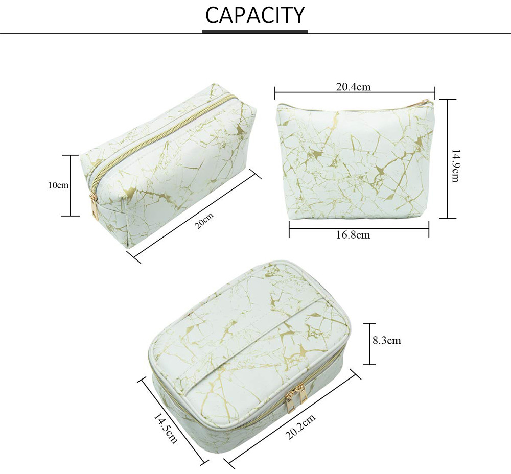 Waterproof 3 Pack Marble PU Cosmetic Makeup Bag For Girl