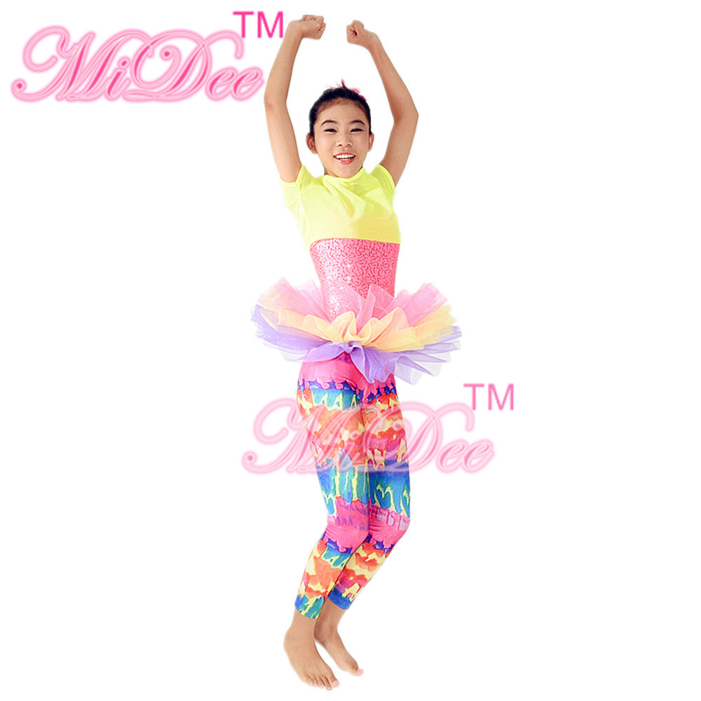 Amiable Dance Competition Costumes Yellow Pink T shirt Skirt Tiers Slender Leotard