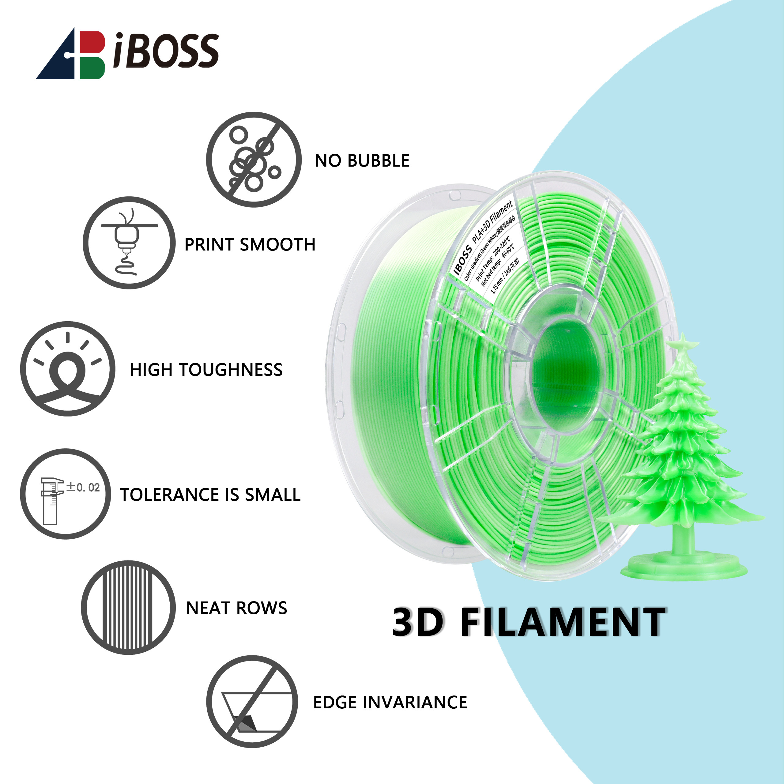 iBOSS 1.75mm Gradient Green White Filament PLA+ Printing 3D Printer Filament Suitable for Bambu Lab printers