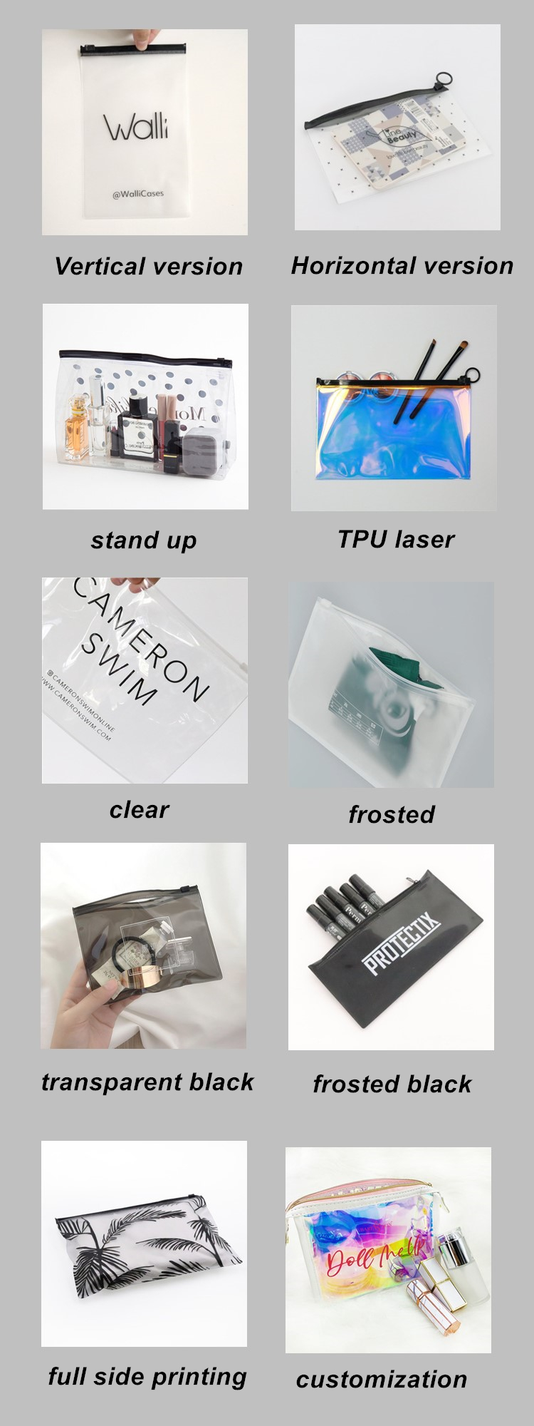 frosted PVC/EVA vinyl slider top zipper bag swimwear Cosmetic Swimwear Clothing, whaterproof, recyclable, biodegradable
