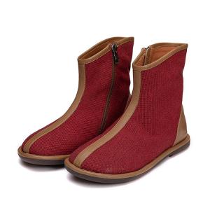China S080 New women's short boots retro handmade leather linen fashion flat bottom mid-cut women's boots factory