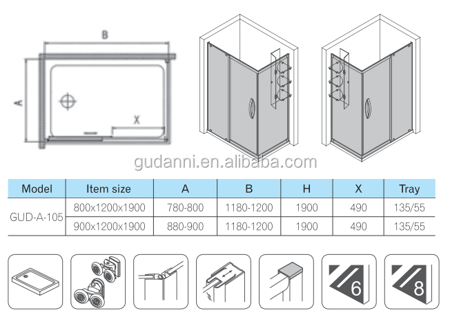 Bathroom Rectangular Single Moving Door 2 Pieces Fixed Shower Panels with Shelf Shower Bath Rooms Complete
