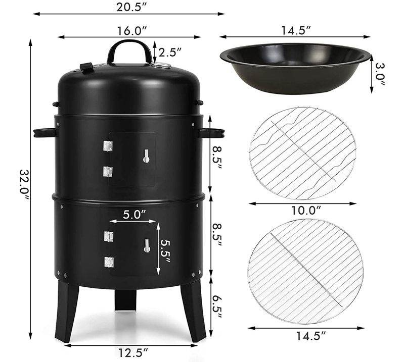 Smokeless 3 Layers Vertical Barrel Charcoal BBQ Grill Smoker with Manual Power Source