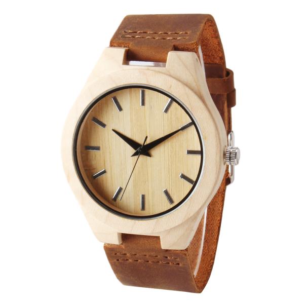 Genuine Leather Band Bamboo Wooden Watch Simple Design With Japan Quartz