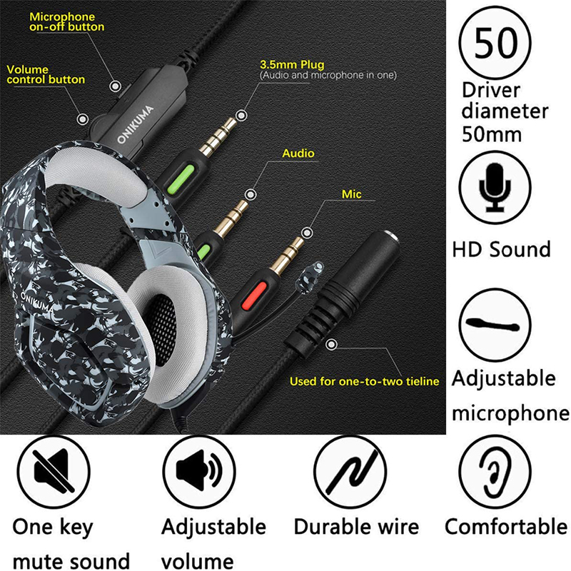 PS4 PS5 Xbox PC Onikuma F9 Wired Gaming Headset With 50mm Driver Microphone RGB Light