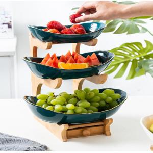 China White Green 2 3 Tier Ceramic Fruit Bowl With Bamboo Wood Stand For Kitchen Counter factory