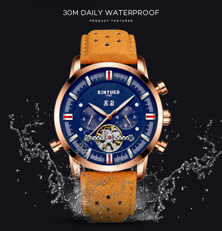 KINYUED J019-1 Gold Case Genuine Leather Auto Date Skeleton Tourbillon Automatic Mechanical Wristwatches