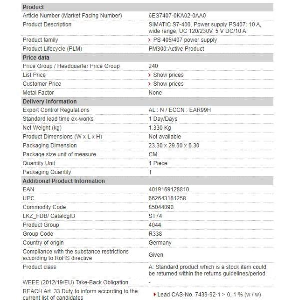 6ES7407-0KA02-0AA0 6ES7 407-0KA02-0AA0 Siemens Power Supply