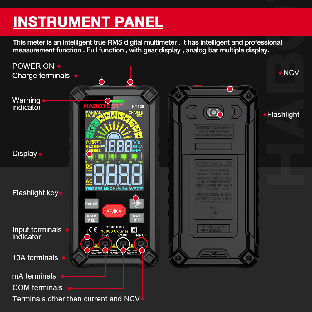 HT129 10000 Counts Digital Multimeter Smart Anti-burn DC AC Voltage Current True RMS Voltmeter Rechargeable Multitester