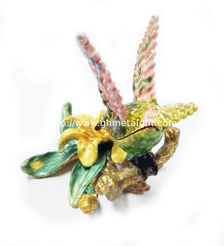 Custom pewter cute bird shape jewelry boxes colorful printed bird hummer jewelry boxes