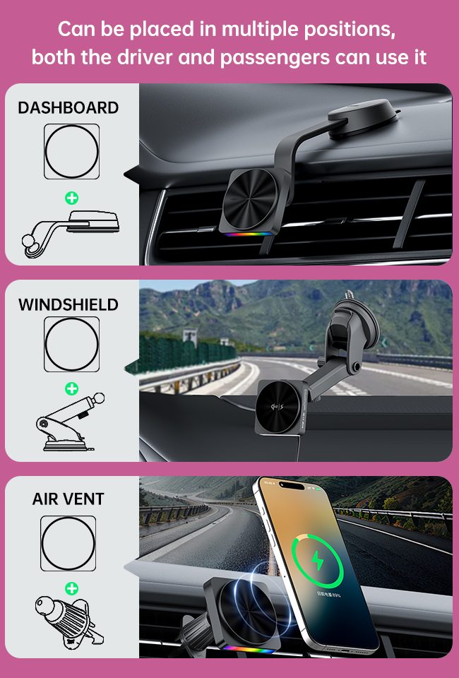 15W Fast Wireless Charging Magsafe Car Mount with 9-Color Ambient Light
