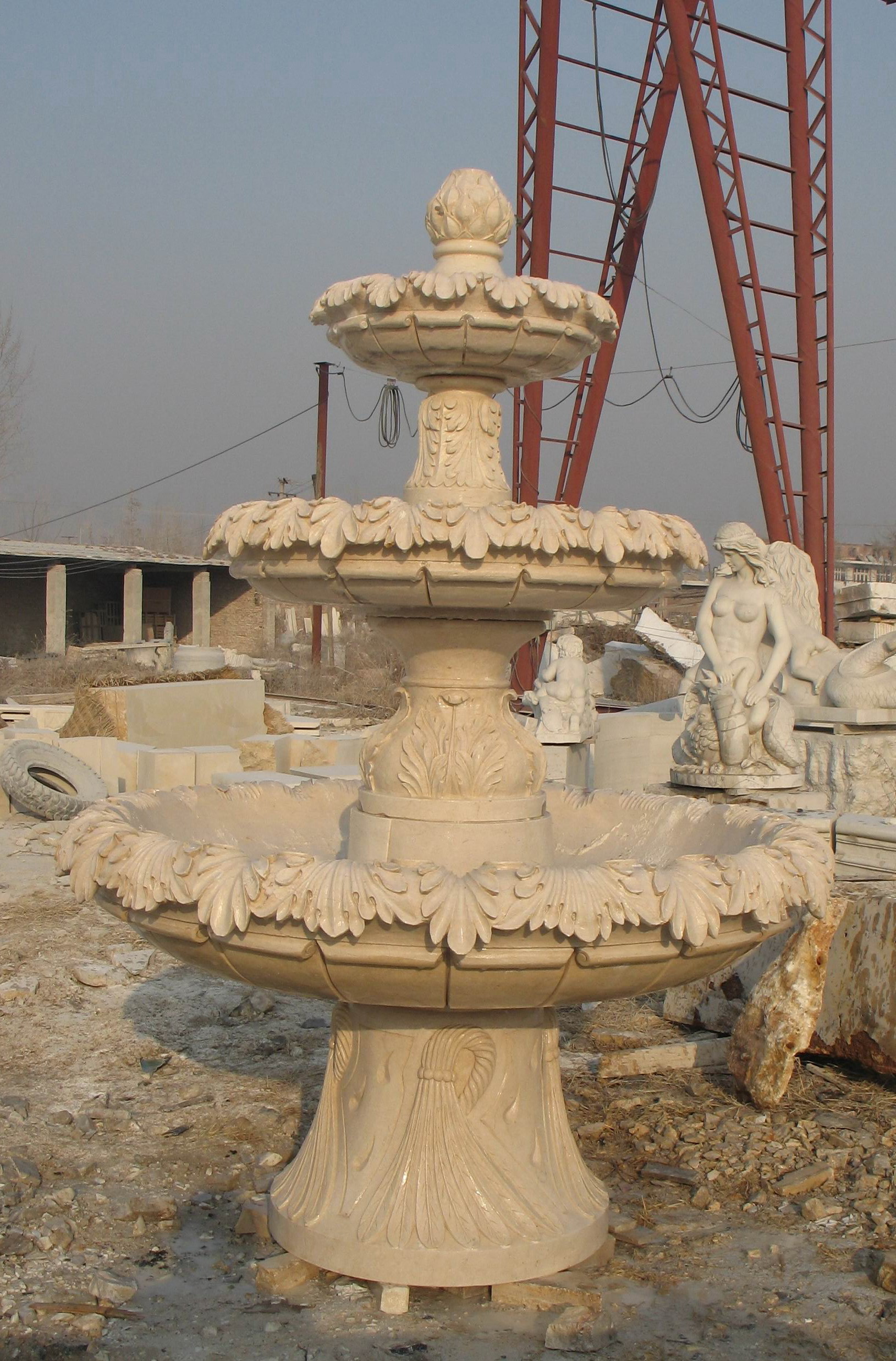 3 Tier Flower Carved Stone Marble Water Standing Fountain