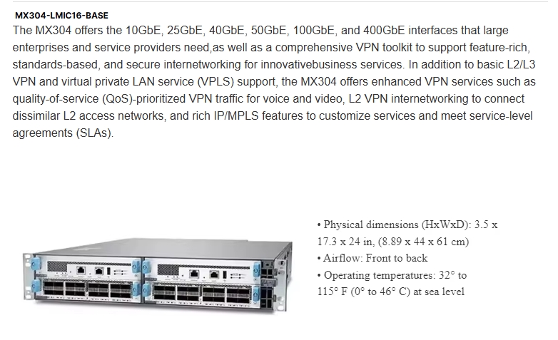 Brand New MX304-LMIC16-BASE Networks MX304 Enterprise Router Universal Routing Platform with Options in Stock