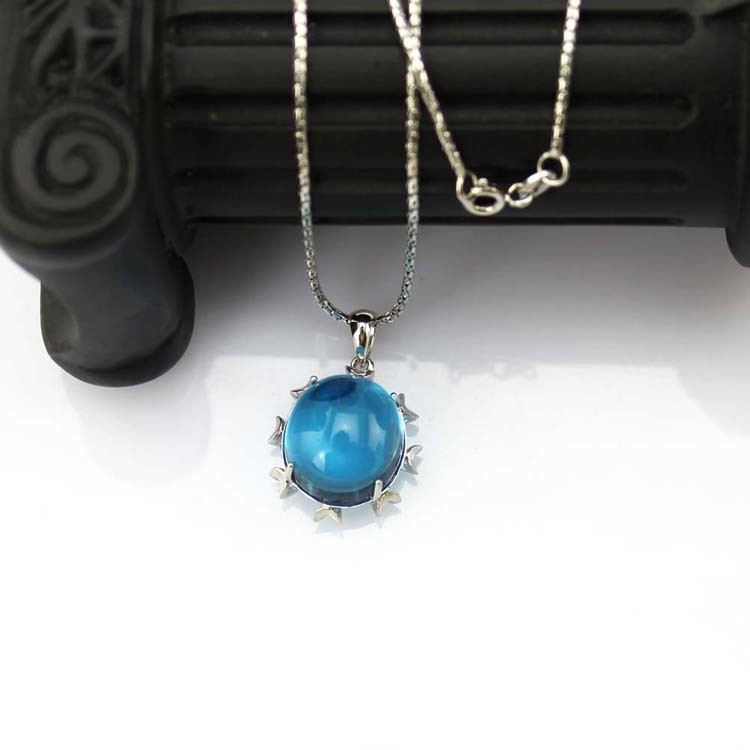 Women Jewelry 14mmx16mm Oval Dome Blue Topaz Cubic Zirconia Pendant Necklace (PSJ0197)