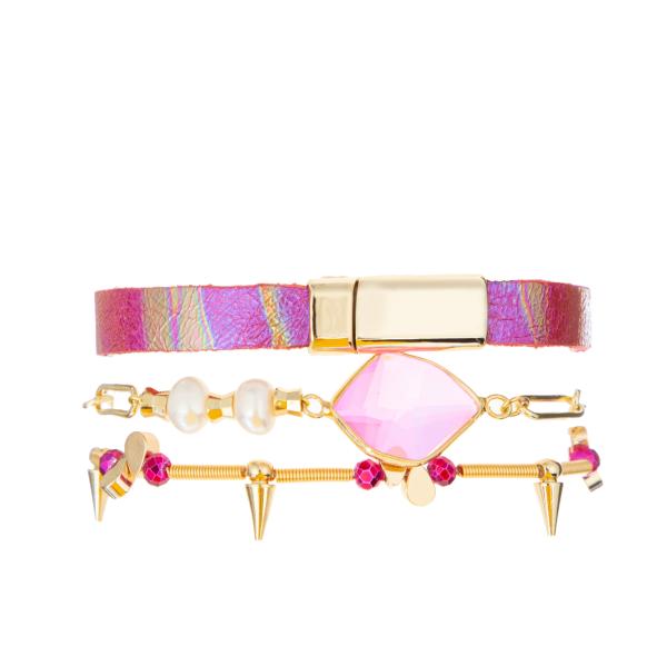 0.7mm clear elastic Beaded Bracelet Stack Set Hot Pink Leather crystal Zircon