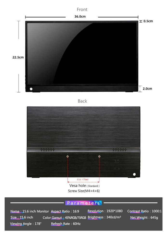 Portable Gaming Monitor 15.6 IPS 1080P HDR Compatible with Multi-Devices