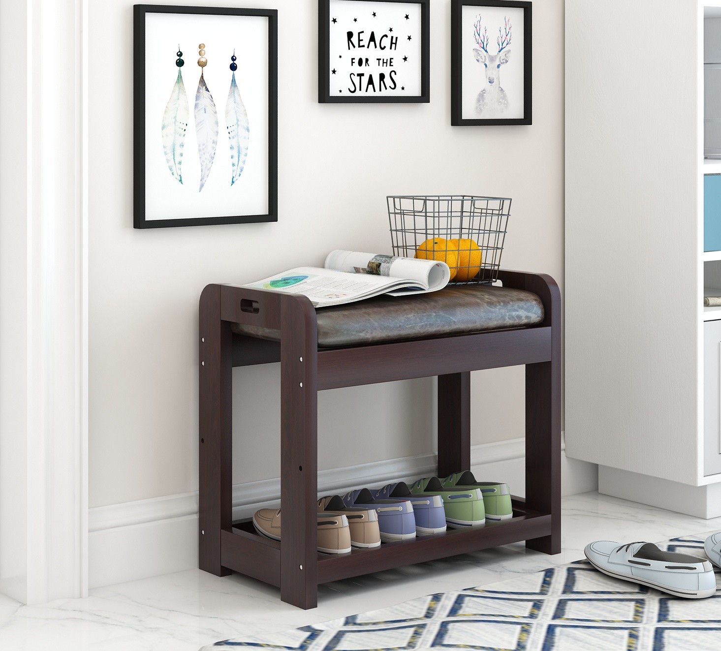 OEM Entryway Wood Small Shoe Bench With Cushion 2 Tier