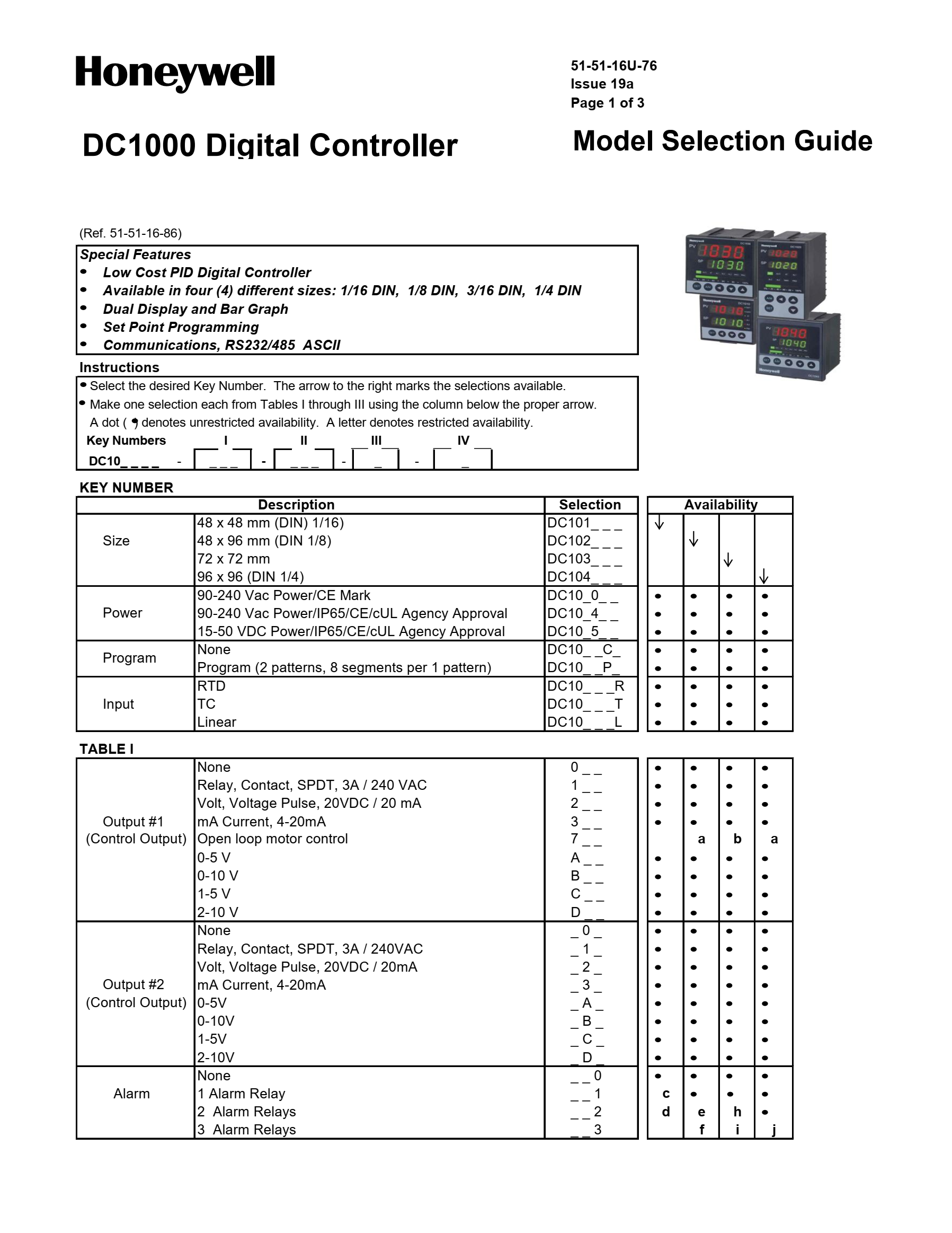 DC1030CL-301000-E Honeywell PID Temp Controller DC1000 Digital Controller