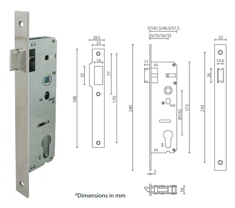 Narrow Mortice Lock with reversible latchbolt for passage