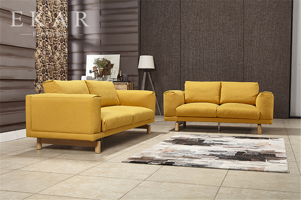 Wide Couch Set Pine Wood Yellow Fabric Sofa Set AW-1618
