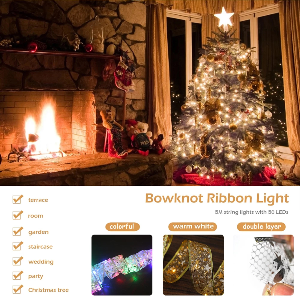 50 LED 5M Double Layer Fairy Lights Strings Christmas Ribbon Bows With LED Christmas Tree Ornaments New Year Navidad Home Decor