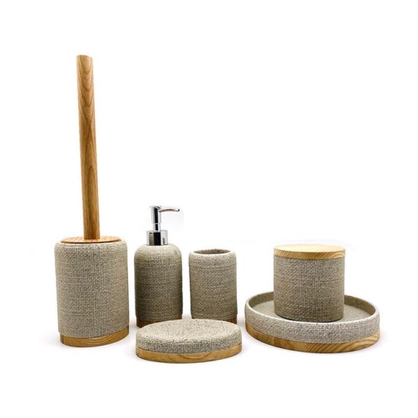 Sand color polyresin bathroom accessories set wooden base bathroom countertop