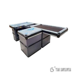 China Morden Register Checkout Counter , ODM Supermarket Cashier Desk With Conveyor Belt factory