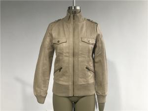 China Female Utility Pleather Polyurethane Biker Jacket Bone Color With Rib Trim TW77488 factory