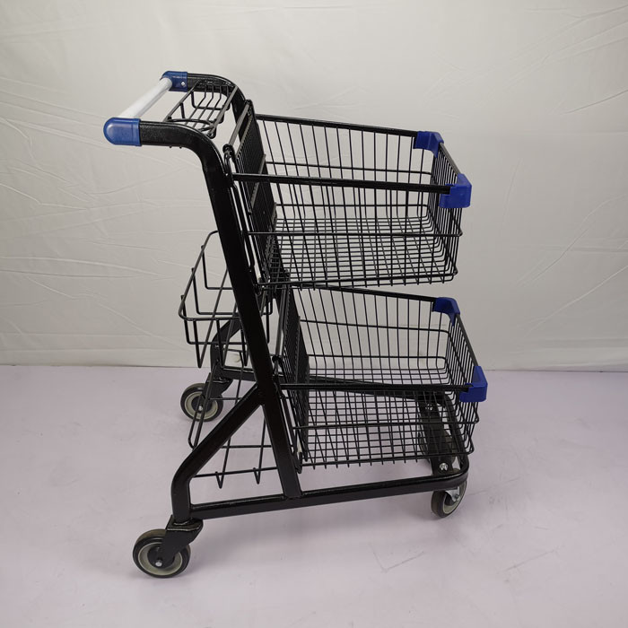 Black Powder Coating Shopping Basket Trolley Two Layer Grocery Store Cart