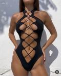 Hollow Sexy Solid Color Bikini Fashion Beach Outing Lace Up Bathing Suit