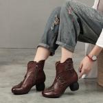 S319 Leather Stitching Women'S Mid-Tube High-Heeled Boots, Retro Ethnic Art