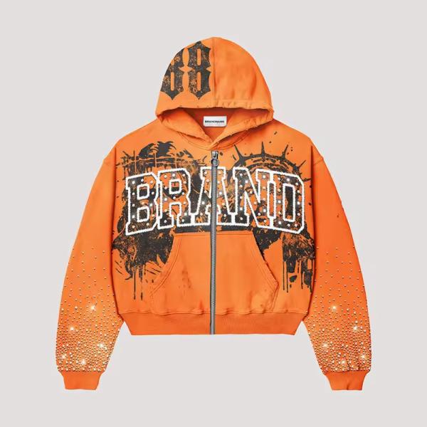 OEM Custom Hoodies Brand Streetwear Rhinestone Drop Shoulder Oversized Acid Wash Vintage Distressed Hoodie for Men
