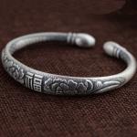 Women Sterling Silver Cuff Bracelet Engraved Fowers Blessings Retro Bangle