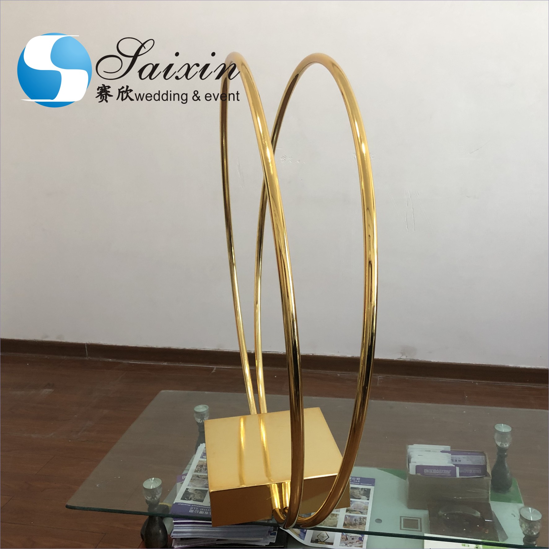ZT-464 Chic shiny gold wedding centerpieces flower arrangement metal double circle