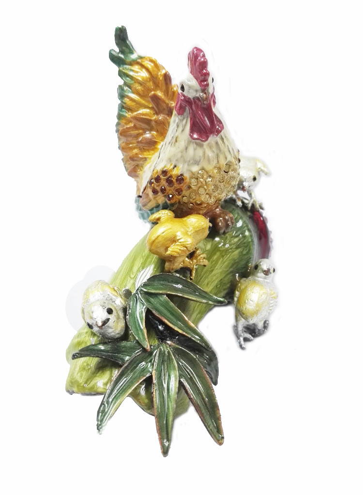 Hot sale antique rooster cock animal shape metal hand painted decortive jewelry box