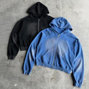 China Custom 400gsm Heavyweight Blank Oversized Boxy Fit Zip Up Vintage Sun Faded Acid Wash Waffle Hoodie for Men factory
