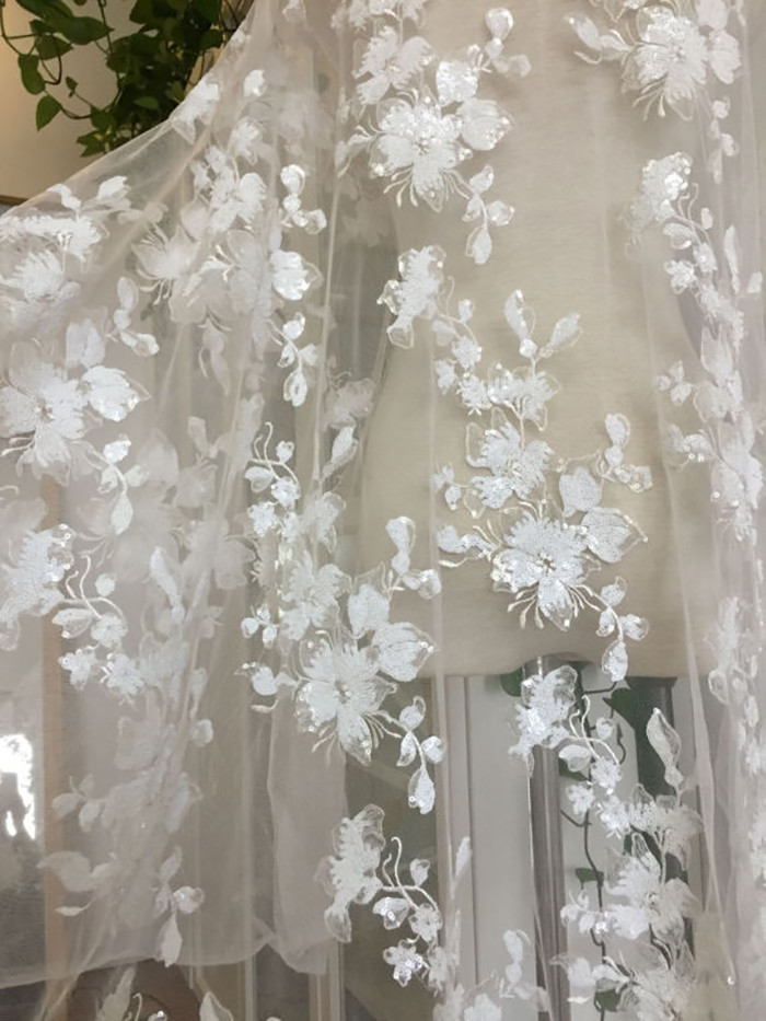 Rich Beaded Flower Net Fabric With Sequins , Bridal Lace Fabric By The Yard