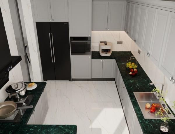 Timeless Stainless Steel Kitchen Cabinet With Dark Green Quartz Countertop And