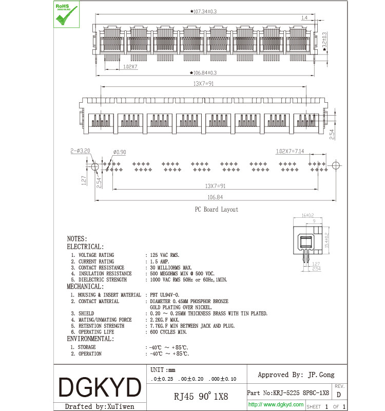 90 degrees 1x8 right angle RJ45 Female Jack 8 ports network switch connectors