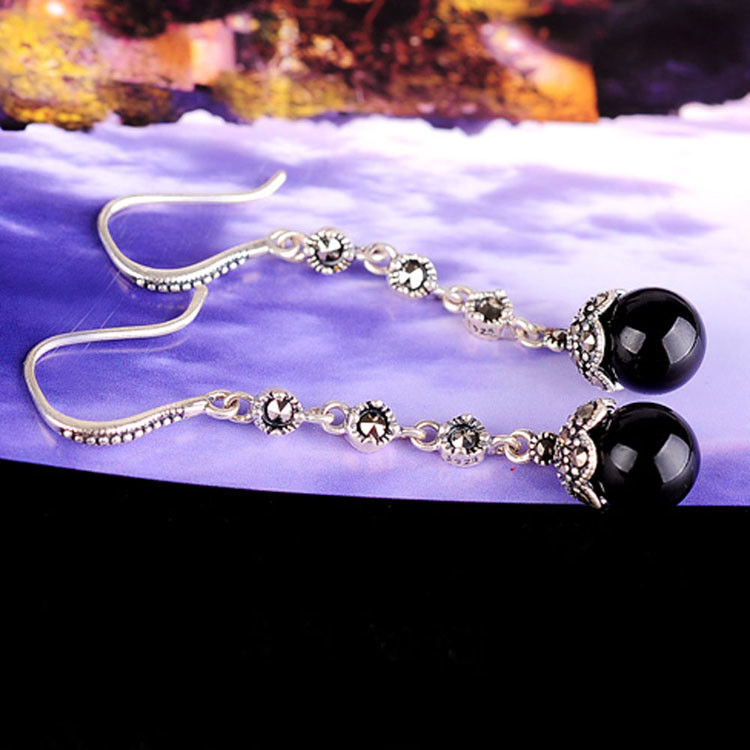 Antique Thai Silver Jewelry Sterling Silver Black Onyx Marcasite Drop Dangle Earring (E12031BLACK)