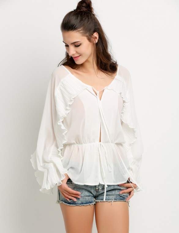 New Design Women Bat wing Long Sleeve Elastic Waist Ruffles Sheer Blouse Tops