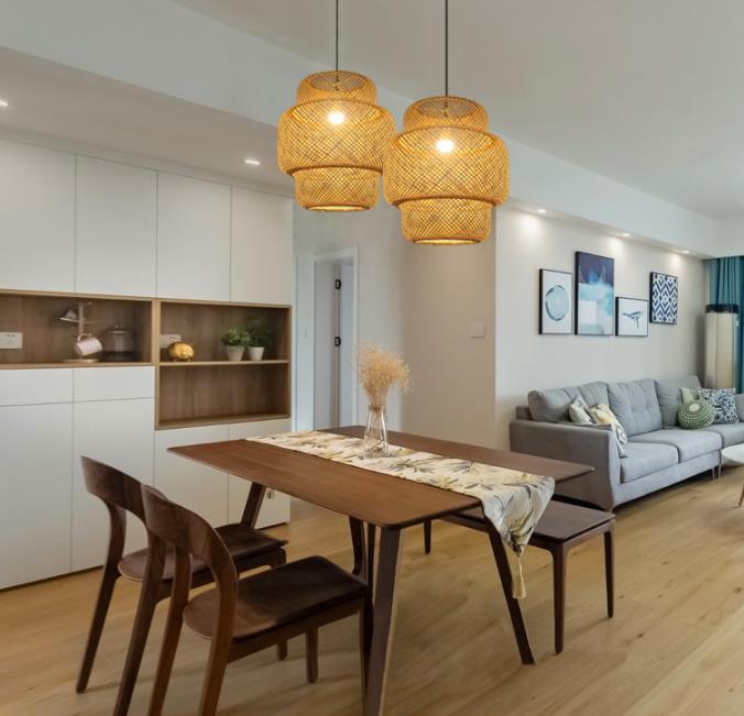 3500K Round Bamboo Weaving LED Pendant Light , Round Rattan Light OEM ODM