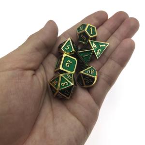 China Custom Metal Dice Set Finish Size 16mm-22mm Gaming Dice Set 7 Piece Polyhedral Gilt Green factory
