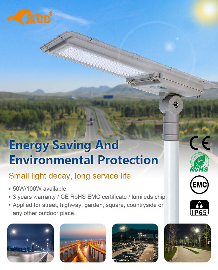High Lumen All In One Solar LED Street Light IP65 100watt For Garden Parking Lot Area