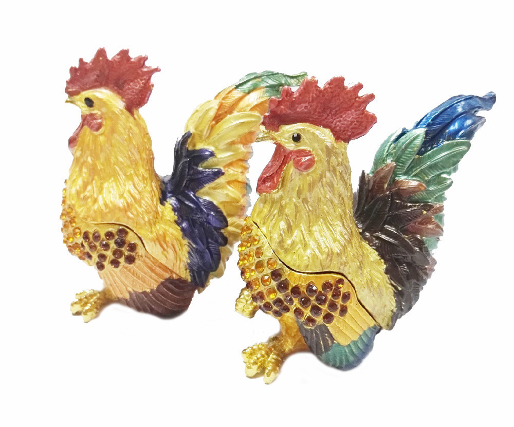 Metal enamel beautiful rooster figure status jewelry box for cock year gifts