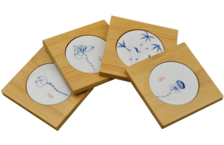 Square ceramic coaster with Bamboo base, customized design is acceptable