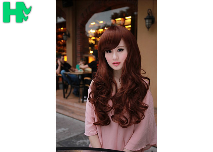 Red Body Wave Left Side Part None Lace Long Synthetic Wigs / Heat Resistant Fiber Hair