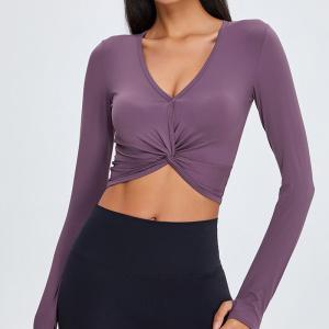 China Sexy Kink V Neck Workout Tops Exposed Nude Ladies Sports Top factory