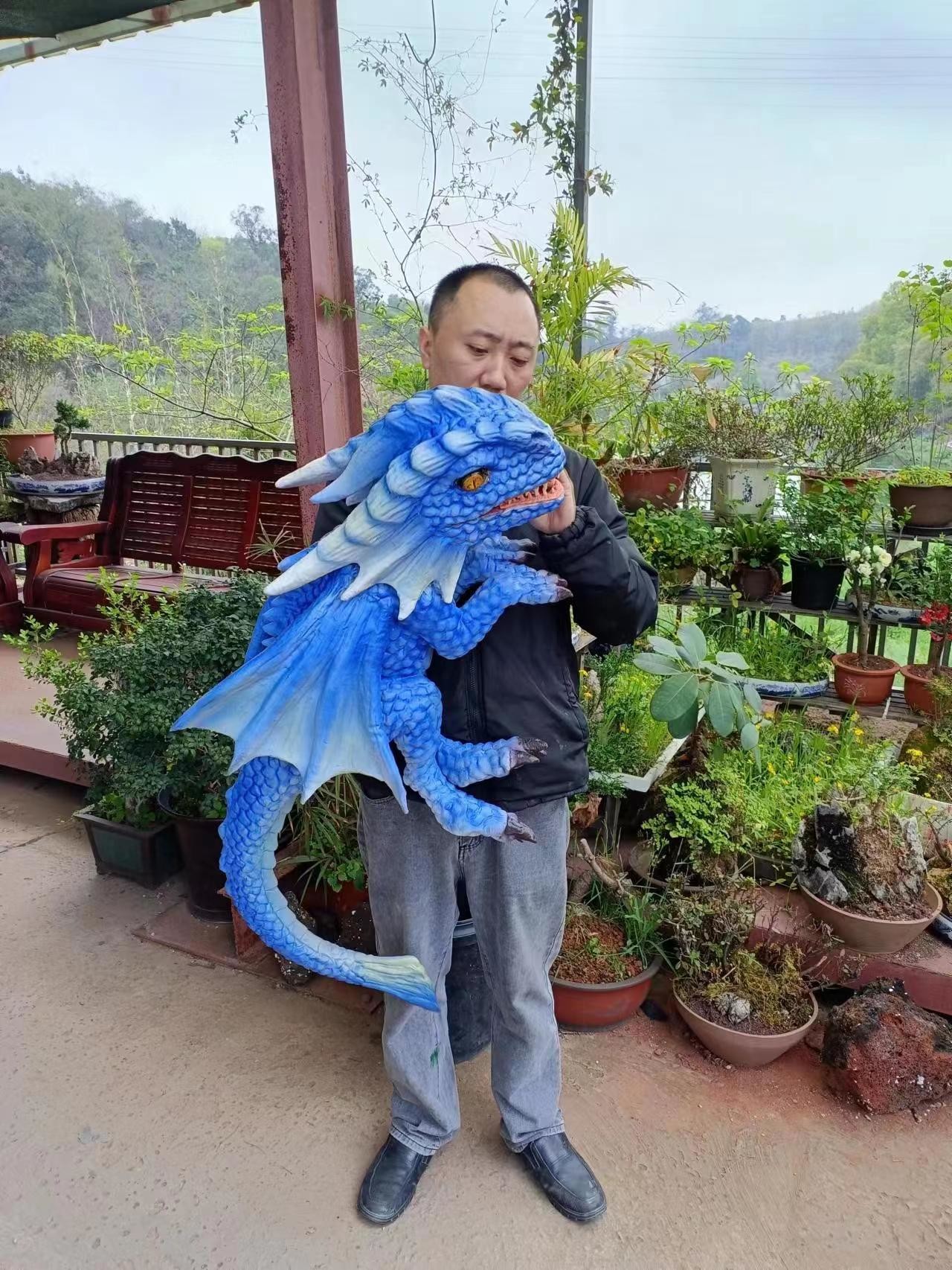 Hand Puppet Simulation Blue Realistic Animatronic Dinosaur Baby With Wings
